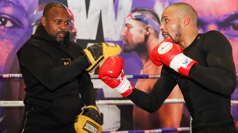 *** Free for editorial use ***.  Chris Yubank Jr. training at Battle Hall with Coach Roy Jones Jr., April 28, 2021, photo by Mark Robinson Matchroom Boxing