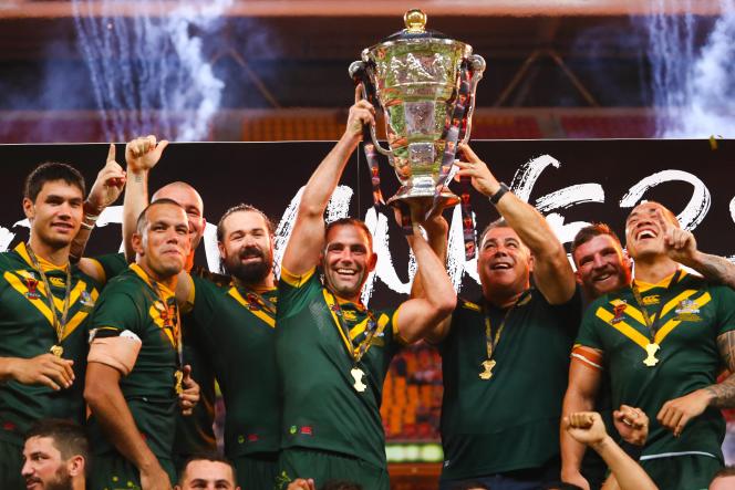 Australians lift the trophy at the latest Rugby Union World Cup, in Brisbane, Australia, on December 2, 2017.