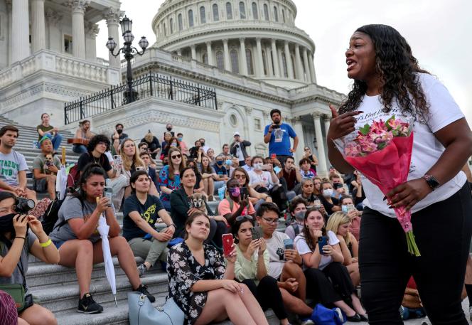Congresswoman Corey Bush addresses protesters who supported her as she camp outside Congress in Washington in August 2021.