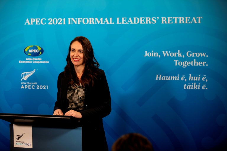 Photo provided by Apec New Zealand, July 17, 2021, to New Zealand Prime Minister Jacinda Ardern (APEC NEW ZEALAND / AFP / Archives - JEFF TOLLAN)
