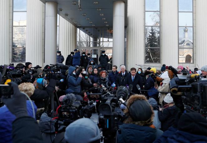 Lawyer Ilya Novikov holds a press conference at the exit of the Moscow Court, Wednesday, December 29, 2021.