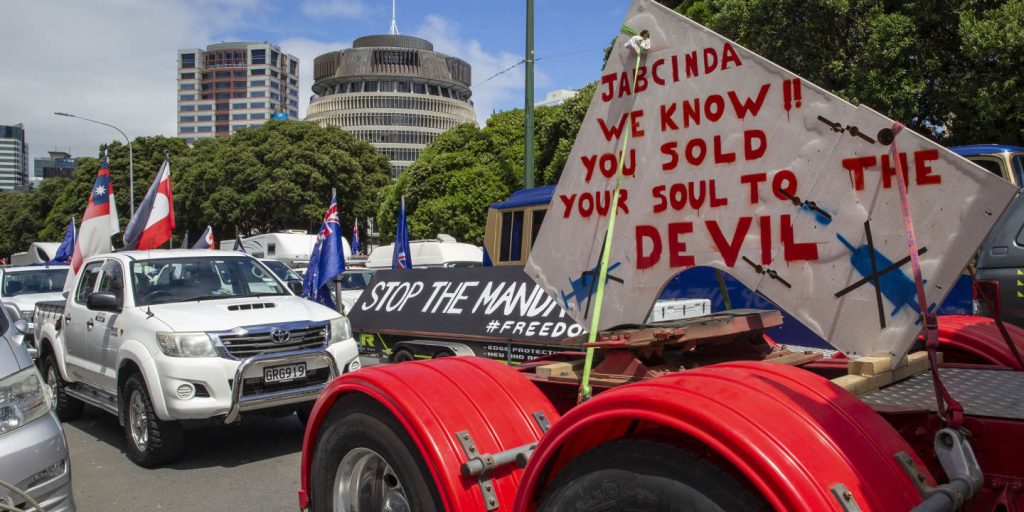 In New Zealand, a convoy of trucks protesting health measures