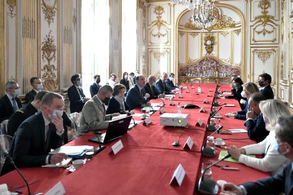 French presidential candidates attend a briefing on the Russian invasion of Ukraine, led by French Prime Minister Jean Castix, at the Matignon Hotel in Paris, France, February 28, 2022.