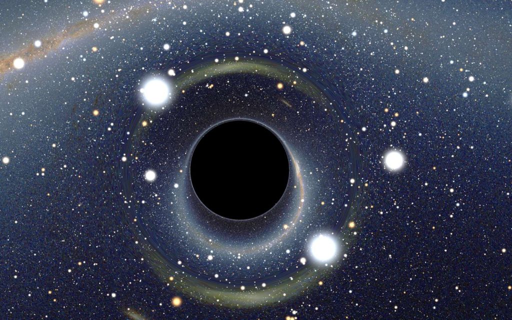 Image générée par ordinateur des distorsions causées par un trou noir à symétrie sphérique et non chargé (trou noir de Schwarzschild). © Alain Riazuelo, IAP/UPMC/CNRS, CC by-sa 3.0