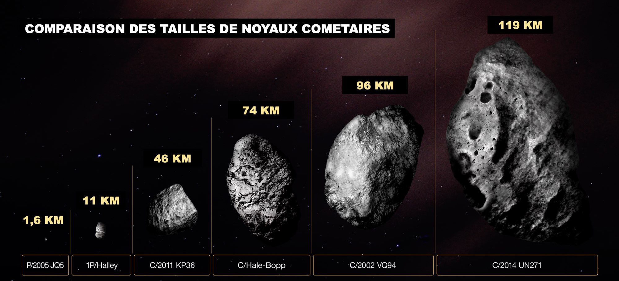 Comparison of the largest known and observed comet nuclei.  Pictures are representations of the artist.  Credit: Cité de l'Espace from NASA, ESA and Zena Levy (STScI)