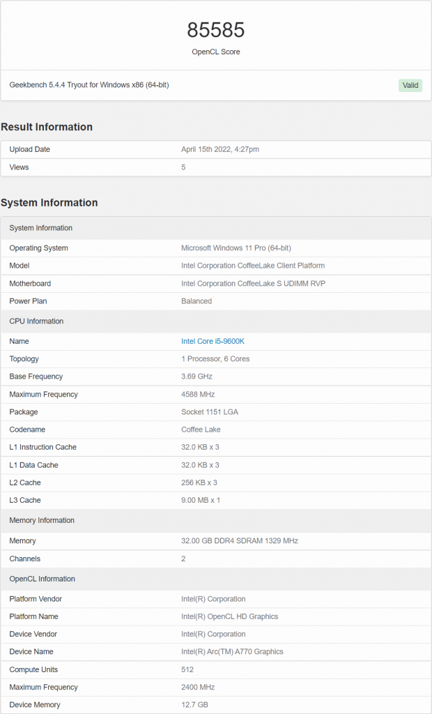 Geekbench - Intel Arc A770 graphics card, what do we know?