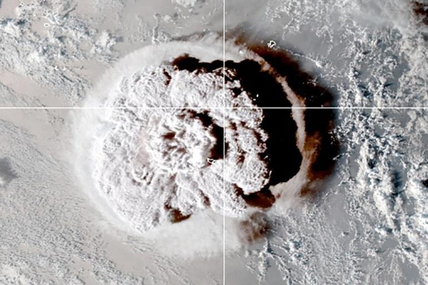 Satellite images show a massive undersea eruption of Mount Fire 65 kilometers off the coast of Tonga in the South Pacific Ocean. 