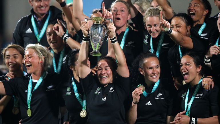 New Zealand's Fiao'o Faamausili lifts the trophy after the 2017 Women's World Cup Final