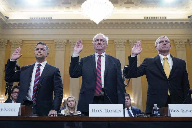 Stephen Engel, Jeffrey Rosen and Richard Donoghue, three senior US Department of Justice officials are sworn in before the House of Commons inquiry into Capitol Storm, in Washington, June 23, 2022.