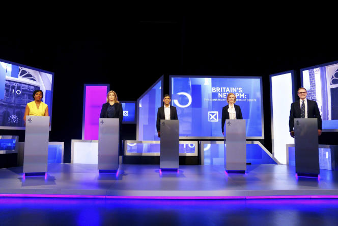 From left, Kimi Badenoch, Benny Mordaunt, Rishi Sunak, Liz Truss and Tom Tugendhat, before the first debate, July 15, 2022.