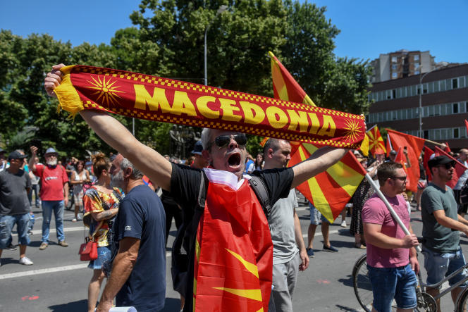 A demonstration in front of the Skopje Parliament, as an agreement to end conflict with its neighbor Bulgaria is voted on, Saturday 16 July 2022.