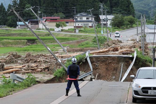 A bridge collapsed due to heavy rain in the city of Oi (Yamagata Prefecture, northern Japan) on August 4, 2022.