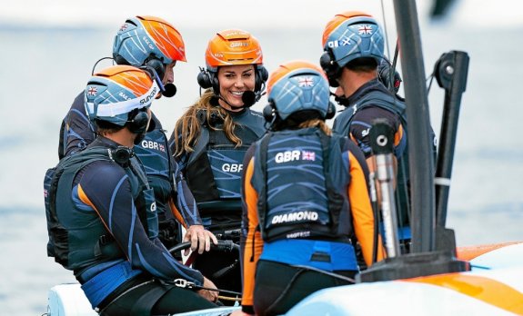 HRH The Duchess of Cambridge celebrates with the British SailGP after helping Great Britain's SailGP win a one-off special Commonwealth race against New Zealand's SailGP on race day