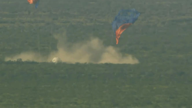 An image provided by Blue Origin shows the failed take-off and smooth landing of a rocket in the desert, Monday, September 12, 2022.