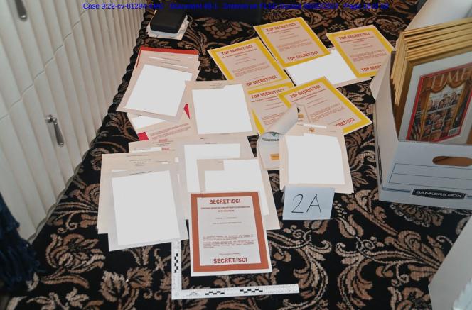 An undated photo of documents seized from Donald Trump's home in Mar-a-Lago, Florida, provided by the US Department of Justice on August 31, 2022.