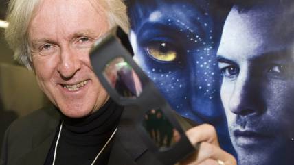 Director James Cameron in front of a movie poster "symbol picture".