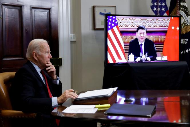 Joe Biden during a video interview with Chinese leader Xi Jinping from the White House on November 15, 2021. 