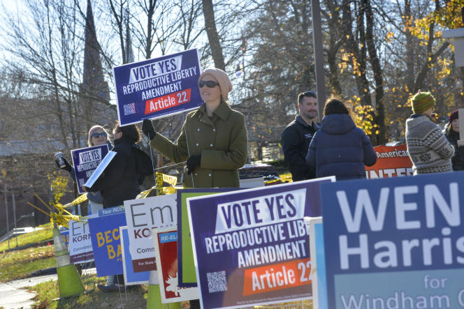 Abortion rights advocates are calling for a vote in favor of Section 22 of the Vermont state constitution, which establishes a constitutional right to abortion, on November 8 in Brattleboro, Vermont.